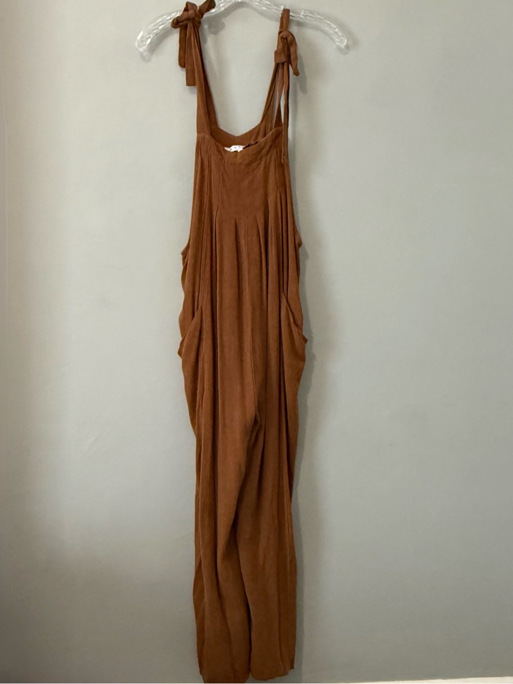 HYFIVE Brown Cotton Jumpsuit with pockets and self-tie shoulder straps. Size M